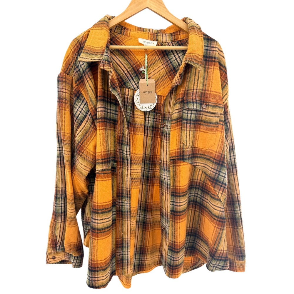 Umgee Plus 2X Mustard Orange Plaid Oversized Shacket Flannel Button Top NWT - Picture 4 of 8